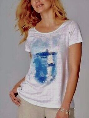 J.Jill Love Linen White Blue Sail Tee Short Sleeve Shirt New Medium